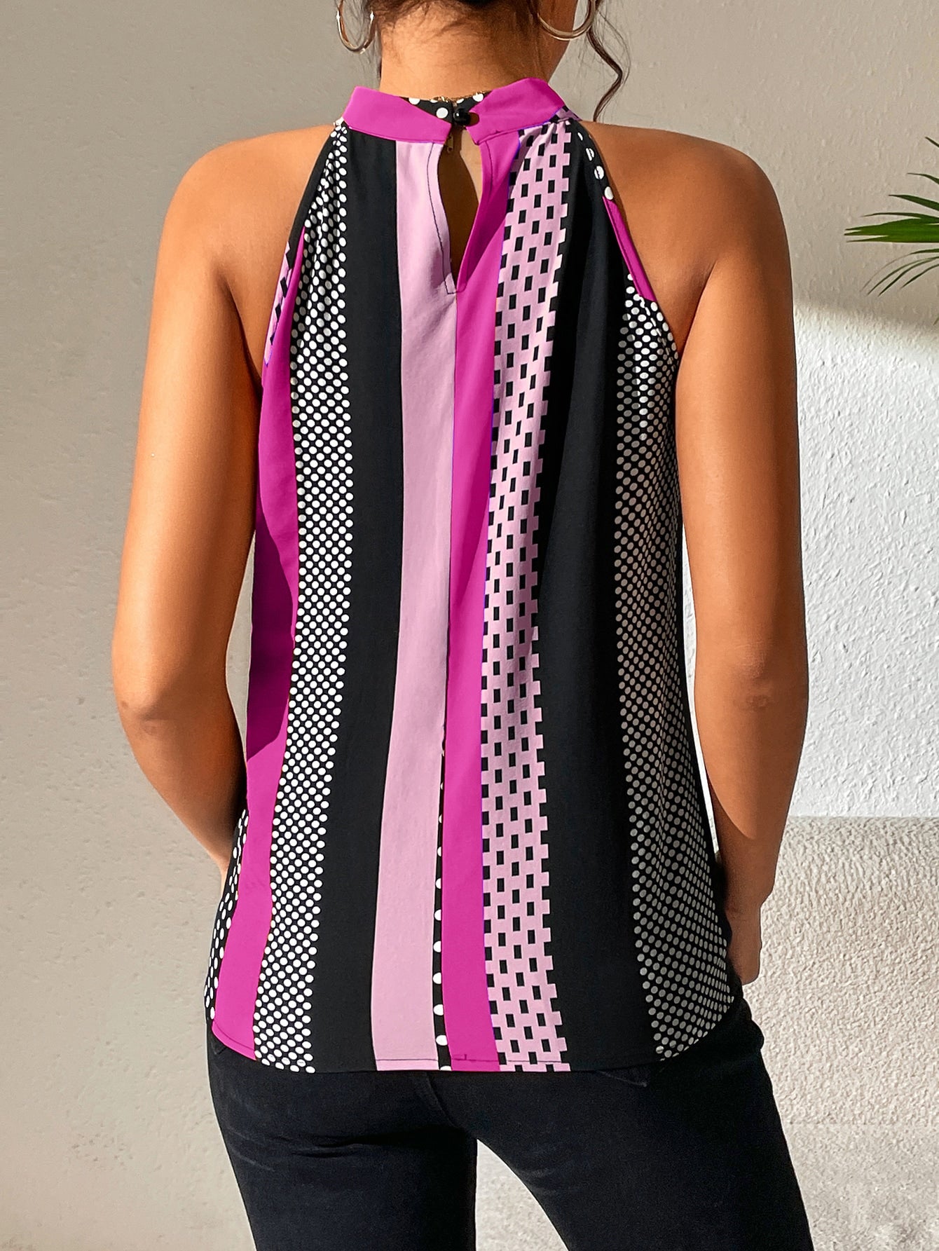 Halter Neck Polka Dot Print Backless Blouse with Eyelet