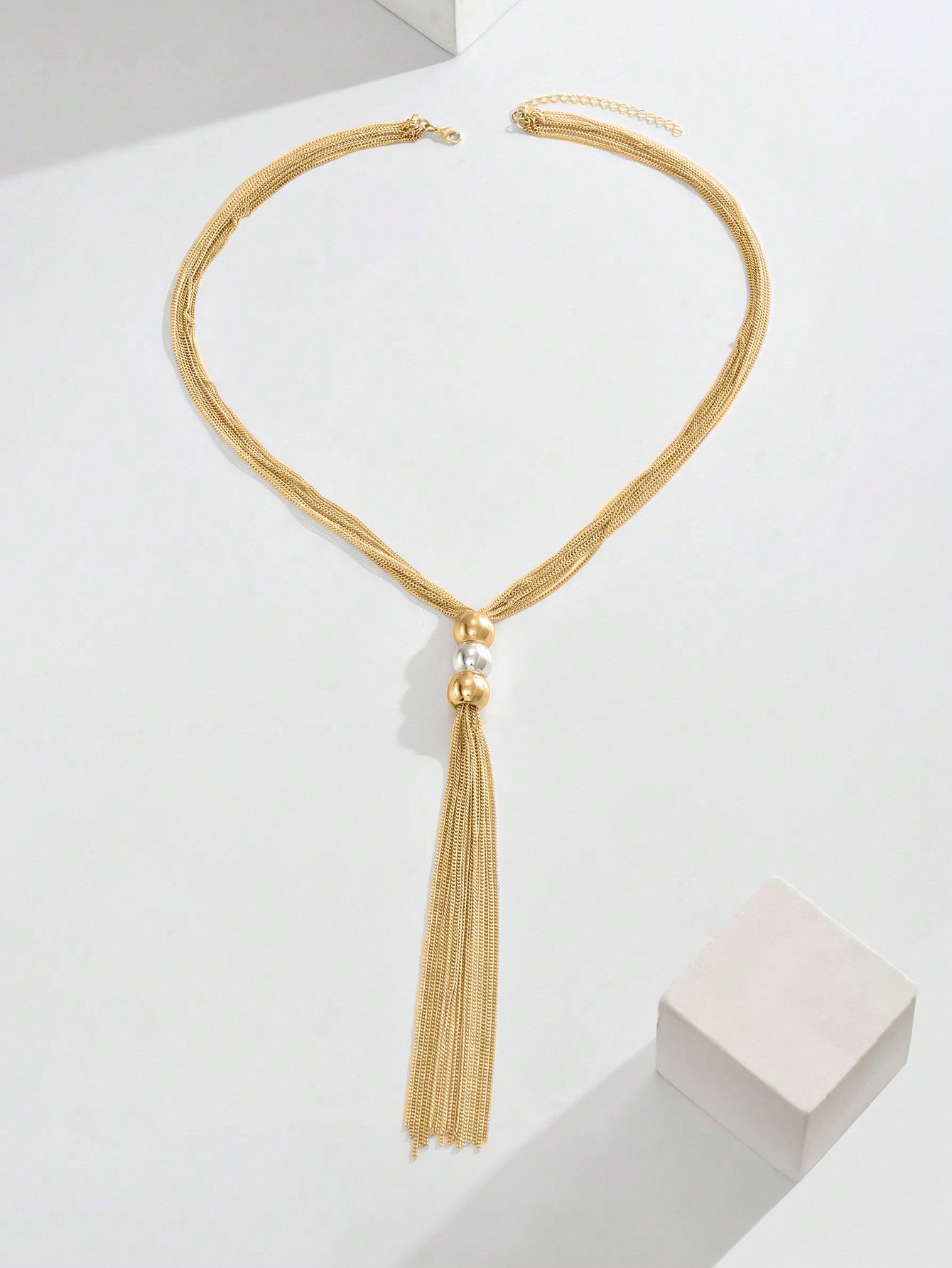 Y-Shape Chain Necklace With Tassels And Beads, Color Block Design, Long Necklace