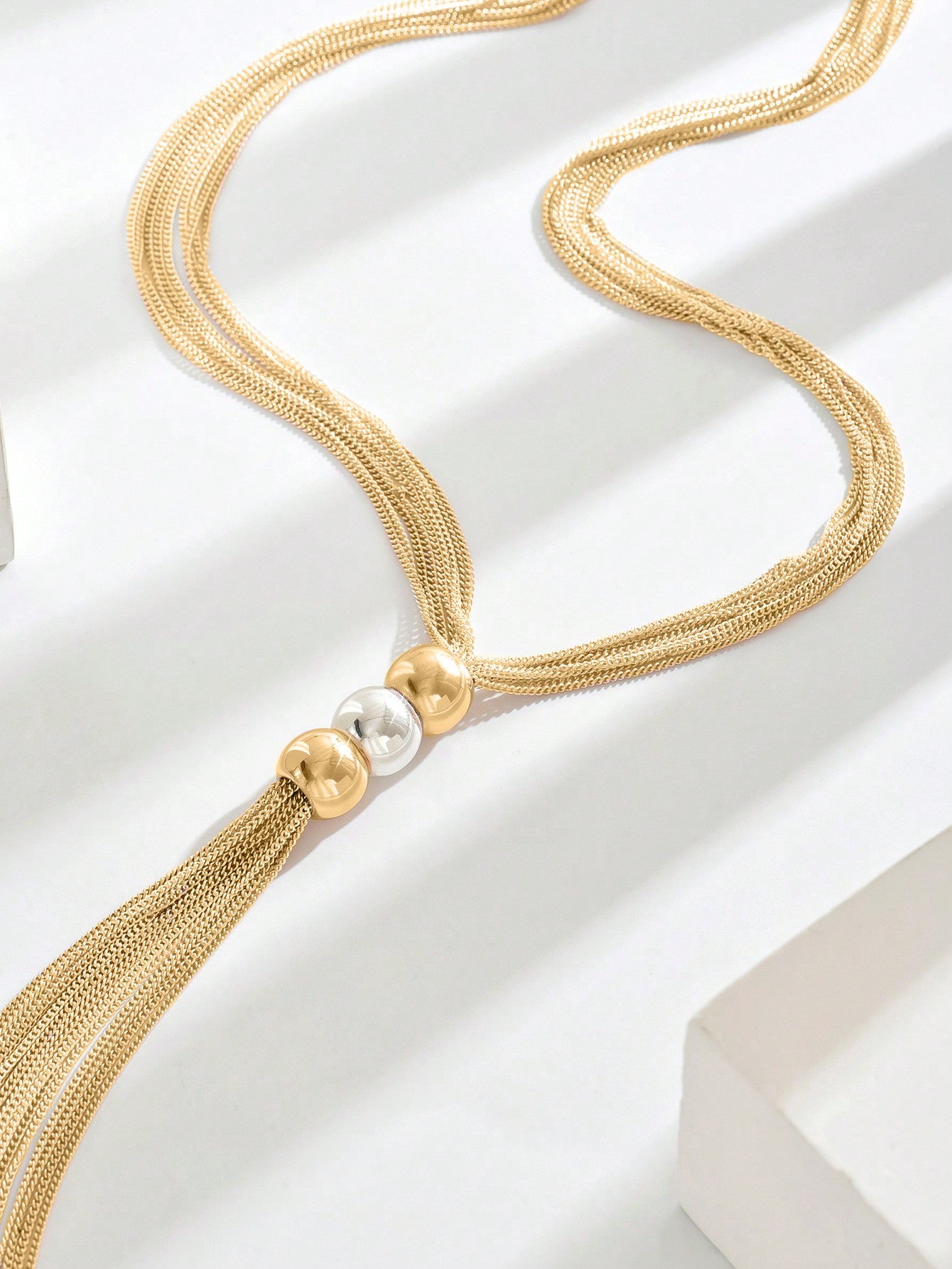 Y-Shape Chain Necklace With Tassels And Beads, Color Block Design, Long Necklace