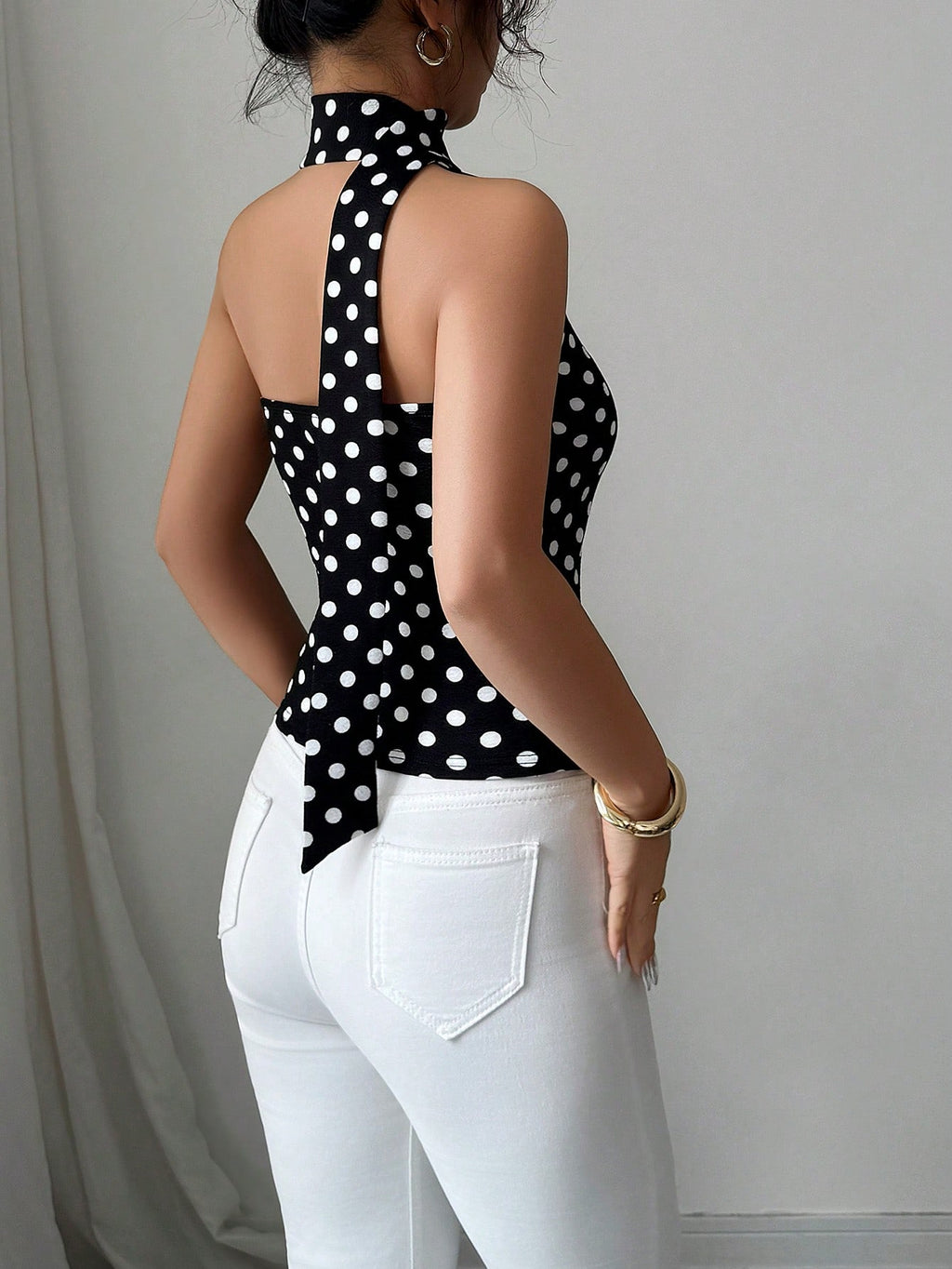 Women's Blouse with Polka Dot Design, Print and Lace Fitted