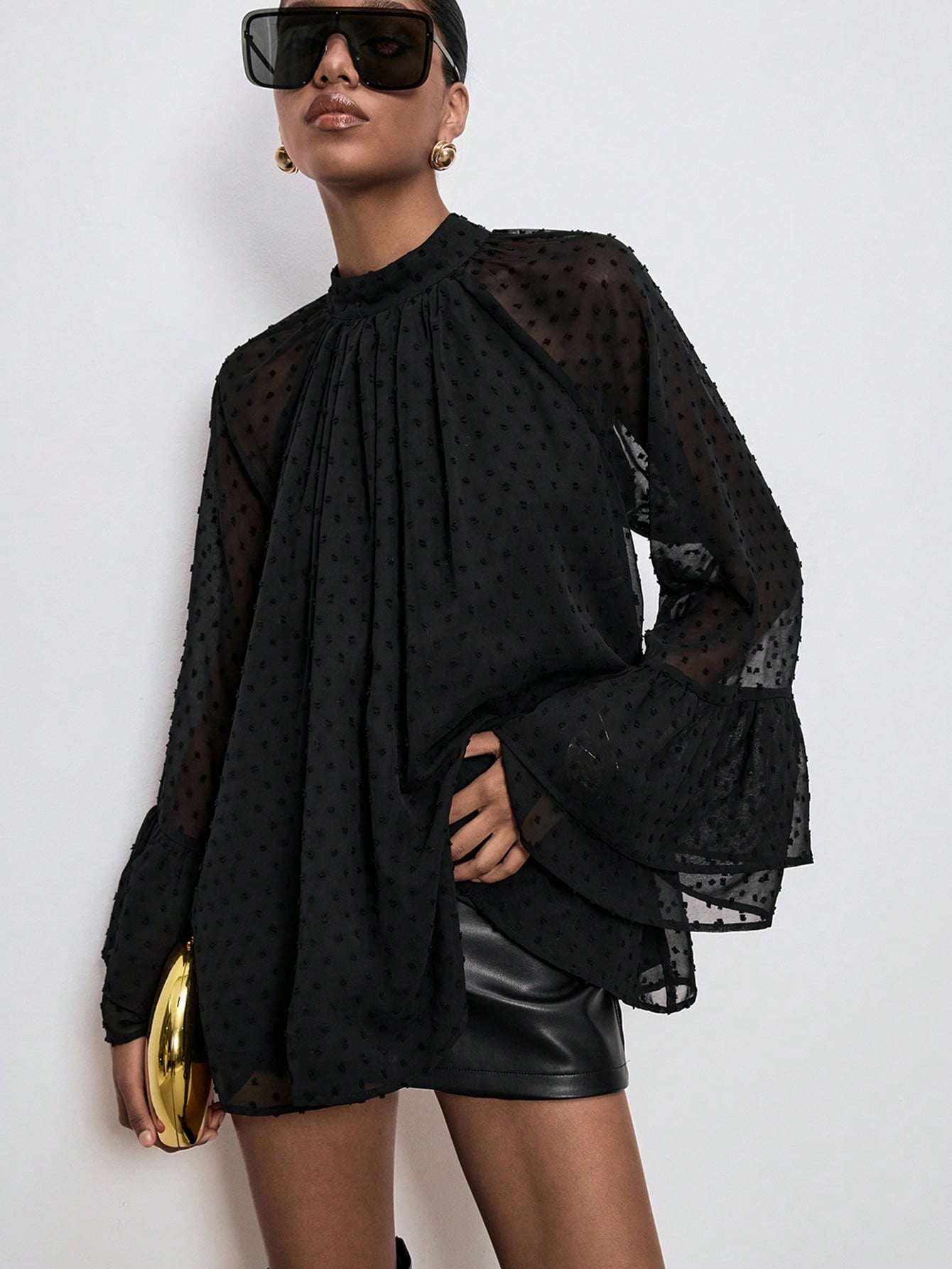 Ruffled Wide Sleeve Polka Dot Print Long Sleeve Flare Cuff Blouse: Black