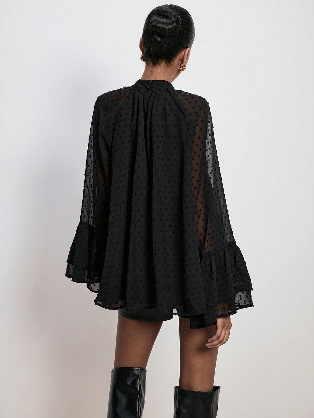 Ruffled Wide Sleeve Polka Dot Print Long Sleeve Flare Cuff Blouse: Black