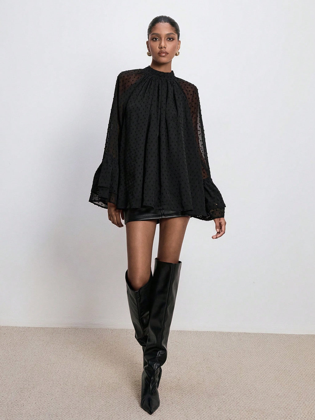 Ruffled Wide Sleeve Polka Dot Print Long Sleeve Flare Cuff Blouse: Black