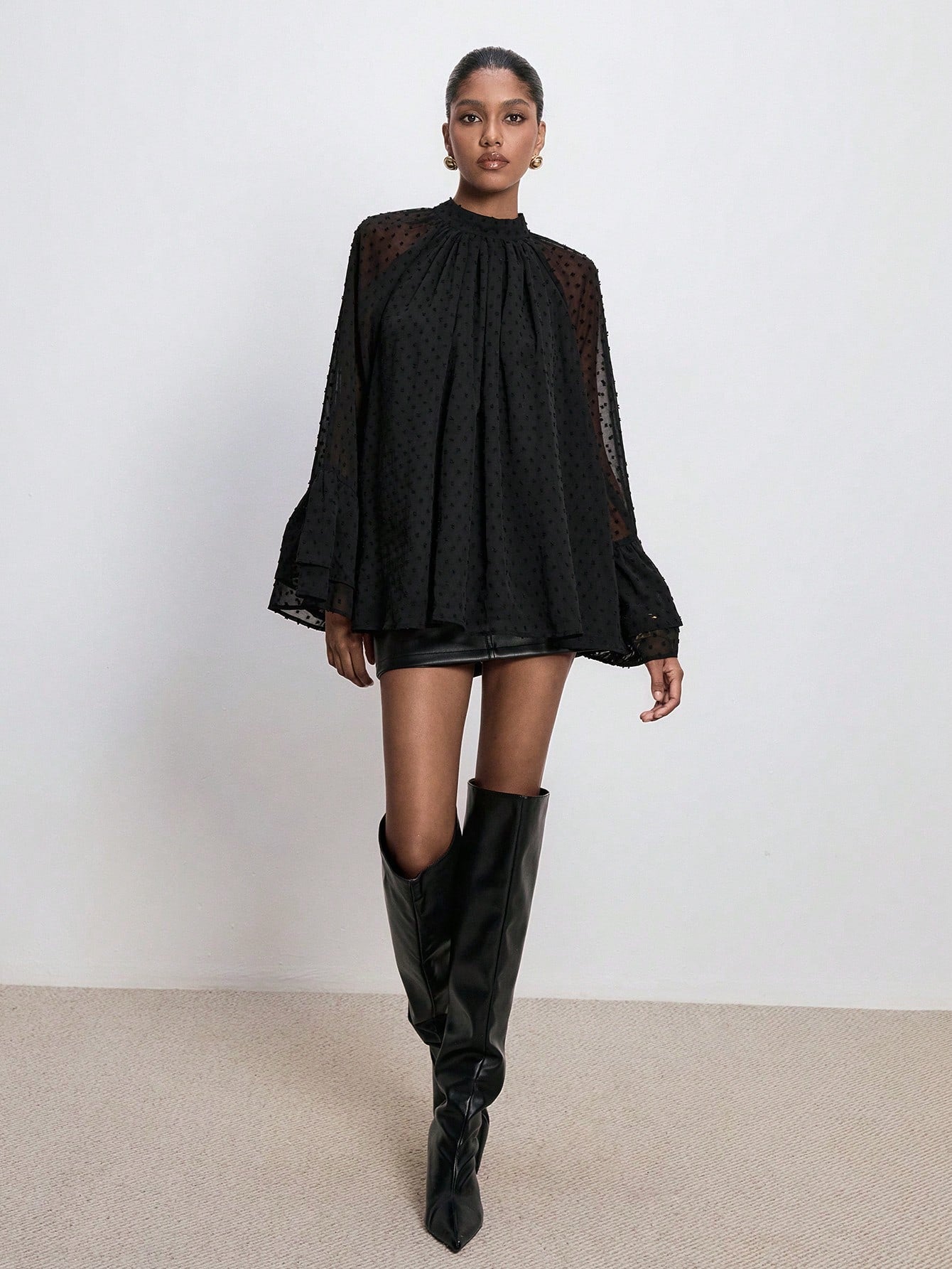 Ruffled Wide Sleeve Polka Dot Print Long Sleeve Flare Cuff Blouse: Black