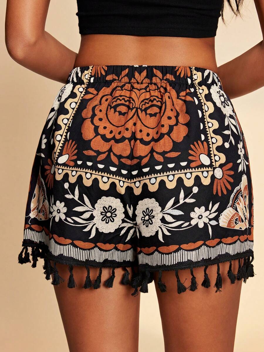 Women's Floral Print Tassel Hem Loose Shorts
