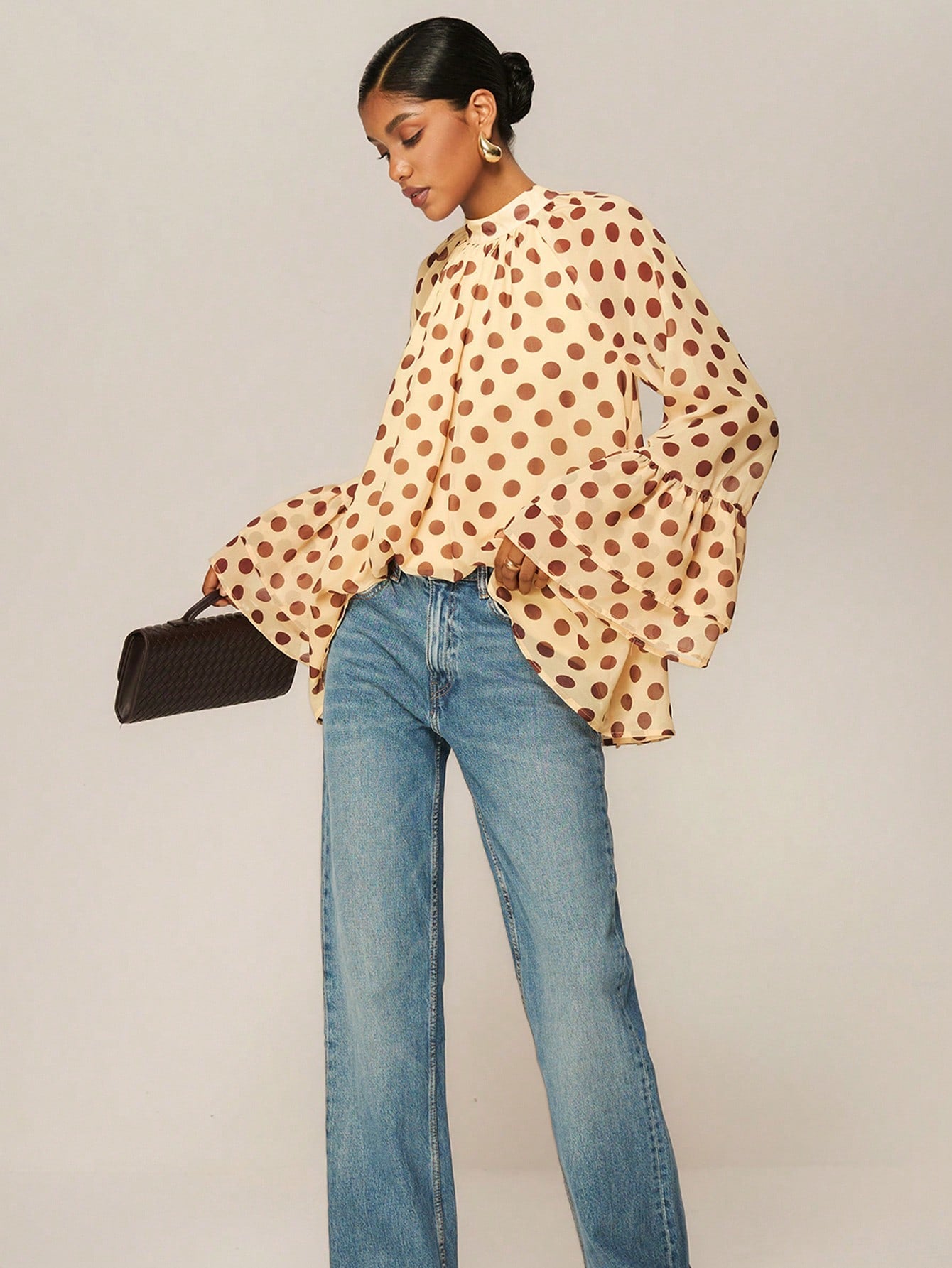 Ruffled Wide Sleeve Polka Dot Print Long Sleeve Flare Cuff Blouse
