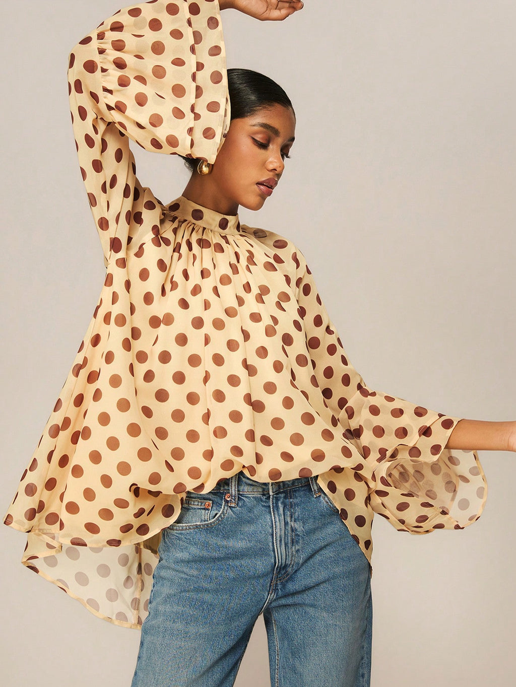 Ruffled Wide Sleeve Polka Dot Print Long Sleeve Flare Cuff Blouse