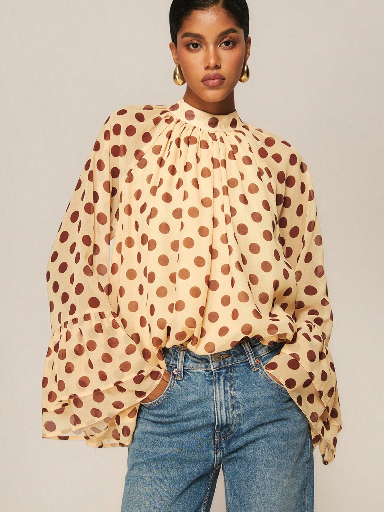 Ruffled Wide Sleeve Polka Dot Print Long Sleeve Flare Cuff Blouse